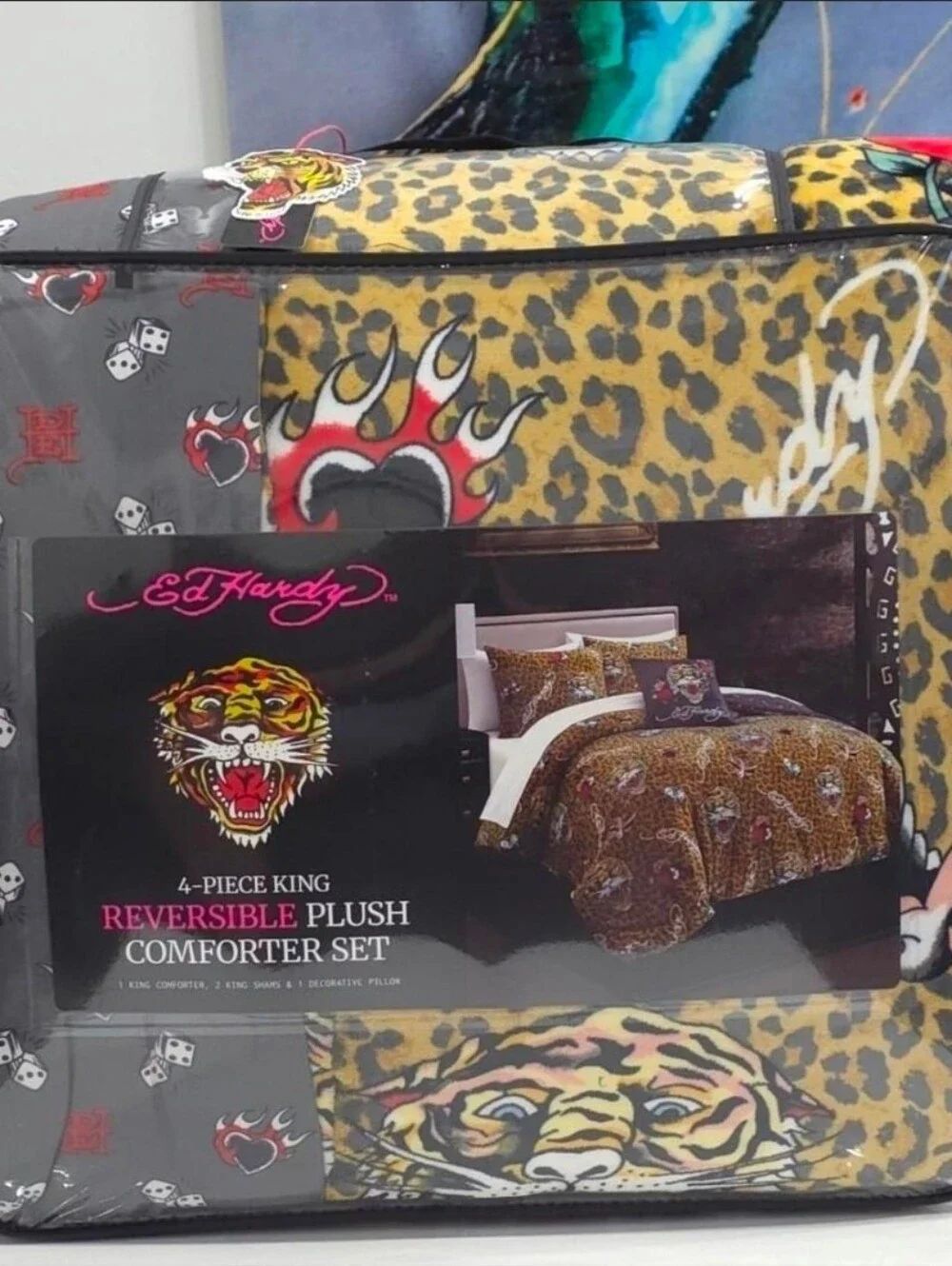 Ed Hardy KING 4 Piece Leopard Tiger Reversible Plush Comforter Set New